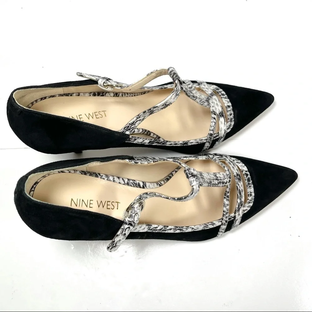 Nine West Jantine Women's T-Strap Pumps Pointed Toe Black Suede‎ Size 7.5 M